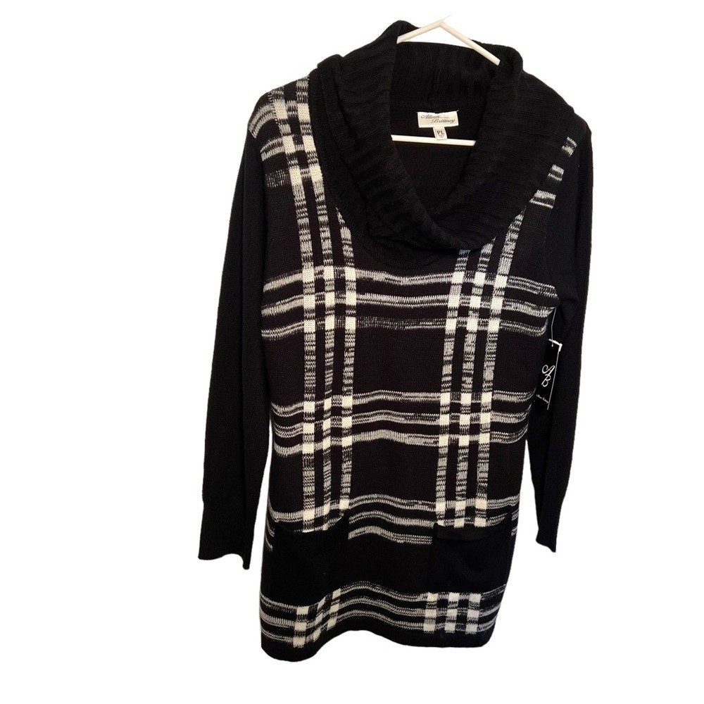 Allison Brittney Women's Size Large Petite Sweater Dress Black White Plaid Cowl